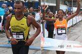 Damião Anselmo (esq.) e Maria Aparecida Ferraz (dir.) foram os campeões da prova principal da Meia Maratona Tribuna Praia Grande
