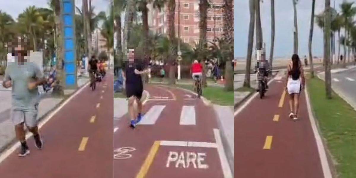 Em imagens enviadas por Ana Silva, é possível ver diversos pedestres usando a ciclovia da orla de Praia Grande como parte do percurso de corridas