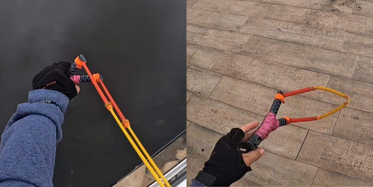 O montador de móveis Bruno Barbosa viralizou pescando no Píer do Casqueiro, em Cubatão, com estilingue
