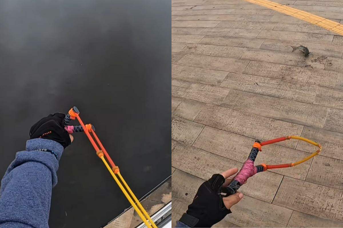 O montador de móveis Bruno Barbosa viralizou pescando no Píer do Casqueiro, em Cubatão, com estilingue