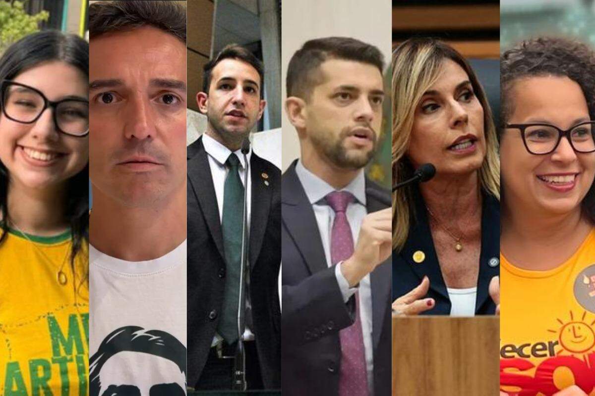 Os seis deputados estaduais da Baixada Santista eleitos: Eduarda Campopiano, Paulo Mansur, Tenente Coimbra, Caio França, Solange Freitas e Débora Camilo
