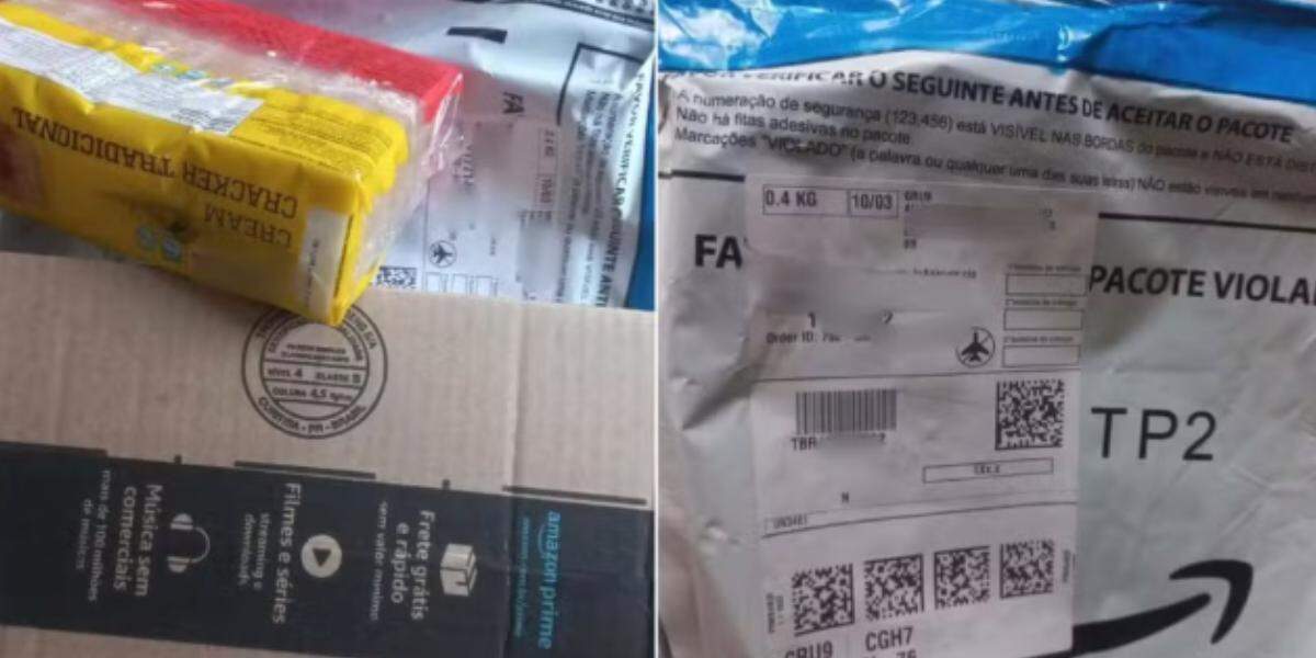 A assistente social de Peruíbe recebeu um pacote de bolacha cream cracker no lugar de um iPhone 17 em compra que fez na Amazon