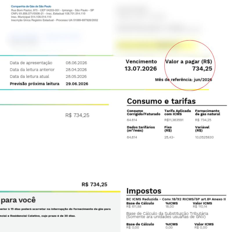Uma das contas de gás do morador de prédio de alto padrão de Santos chegou no valor de R$ 734,25