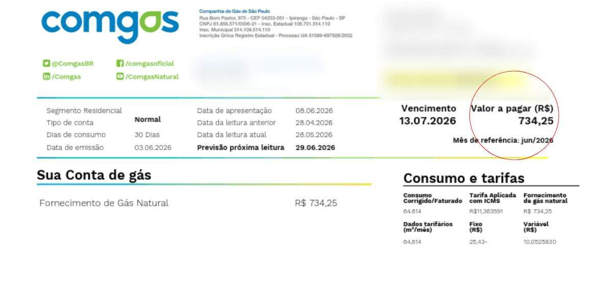 Uma das contas de gás do morador de prédio de alto padrão de Santos chegou no valor de R$ 734,25