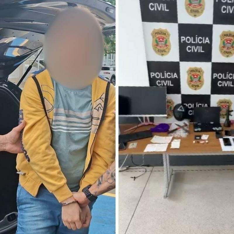 Homem foi preso por equipes do 7° DP de Santos. Vários eletrônicos e ilícitos foram apreendidos na casa dele