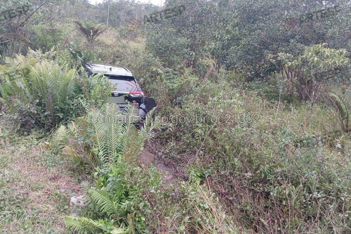 O carro atravessou o canteiro lateral e entrou na área de vegetação às margens da rodovia