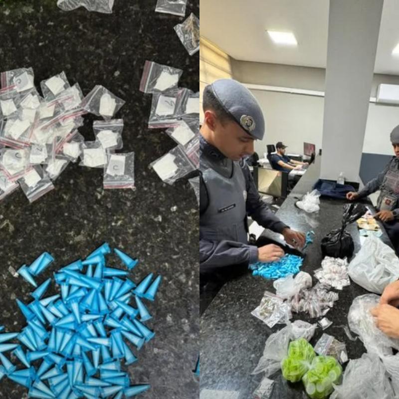 Foram aprendidas porções de cocaína, skunk, ICE, maconha e lança-perfume, além de R$ 875,00 em dinheiro em espécie