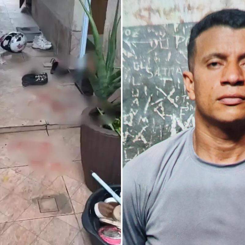 À esquerda, marcas de sangue no local onde a mulher e o atual companheiro foram esfaqueados, em Cubatão; à direita, Paulo Cesar Borges Santos, suspeito do ataque, preso em São Vicente