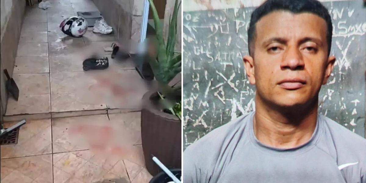 À esquerda, marcas de sangue no local onde a mulher e o atual companheiro foram esfaqueados, em Cubatão; à direita, Paulo Cesar Borges Santos, suspeito do ataque, preso em São Vicente