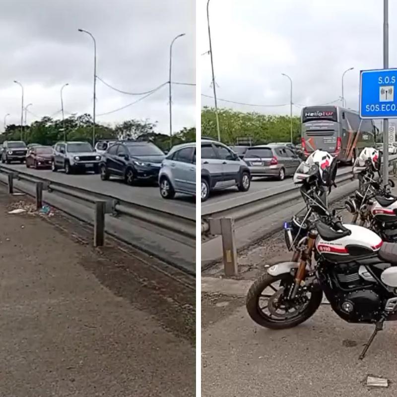 Motocicletas da Polícia Militar durante patrulhamento na Rodovia dos Imigrantes, em São Vicente, onde um adolescente procurado pela Justiça foi apreendido após tentar fugir de uma abordagem