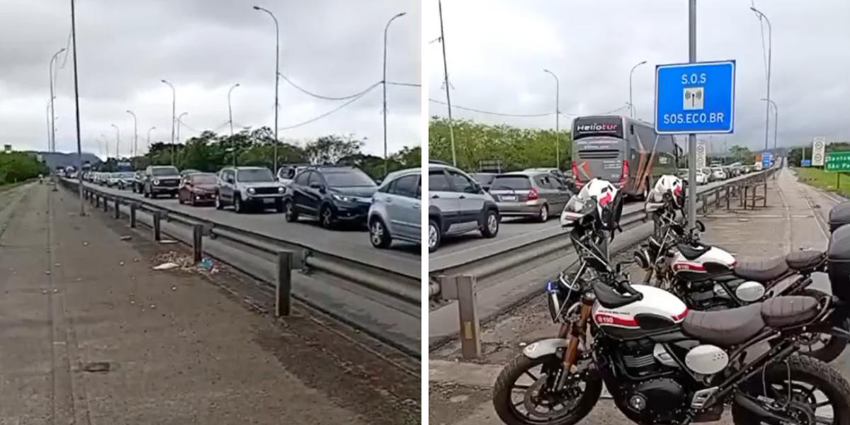 Motocicletas da Polícia Militar durante patrulhamento na Rodovia dos Imigrantes, em São Vicente, onde um adolescente procurado pela Justiça foi apreendido após tentar fugir de uma abordagem