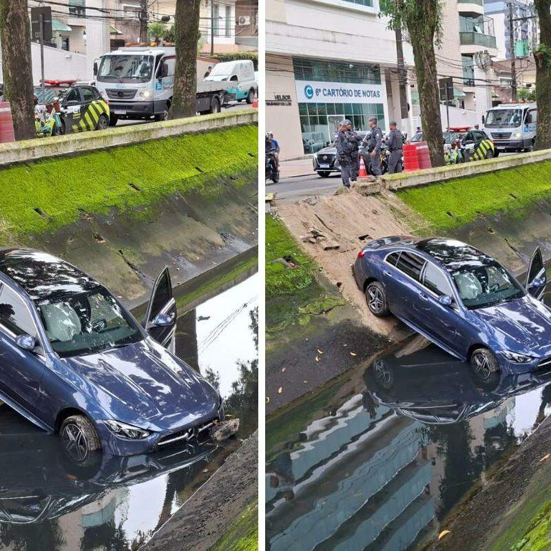 O Mercedes-Benz foi parar dentro do Canal 3, em Santos, após o idoso que dirigia o carro enroscar o pé em um dos pedais