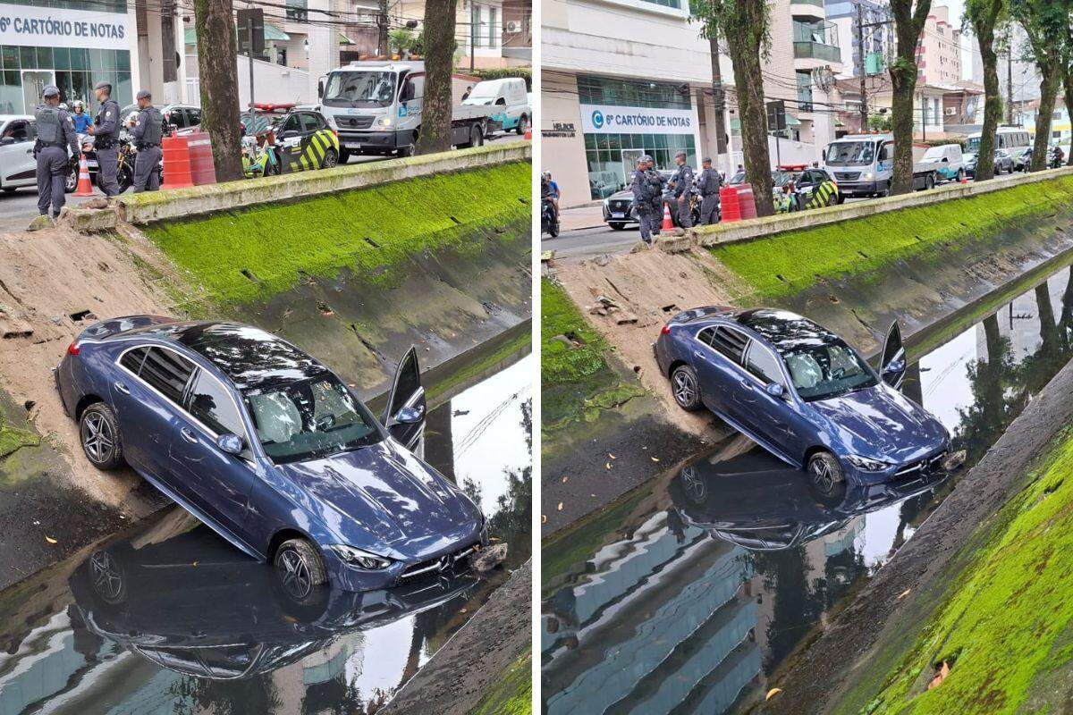 O Mercedes-Benz foi parar dentro do Canal 3, em Santos, após o idoso que dirigia o carro enroscar o pé em um dos pedais