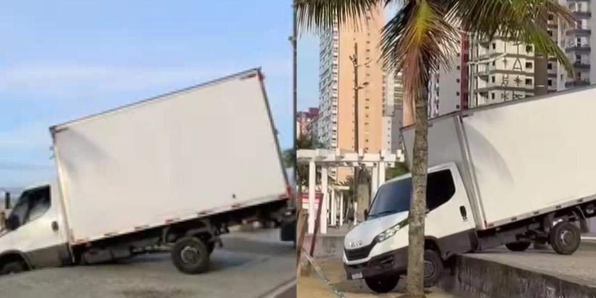 A retirada do caminhão em Praia Grande foi concluída com o auxílio de tratores