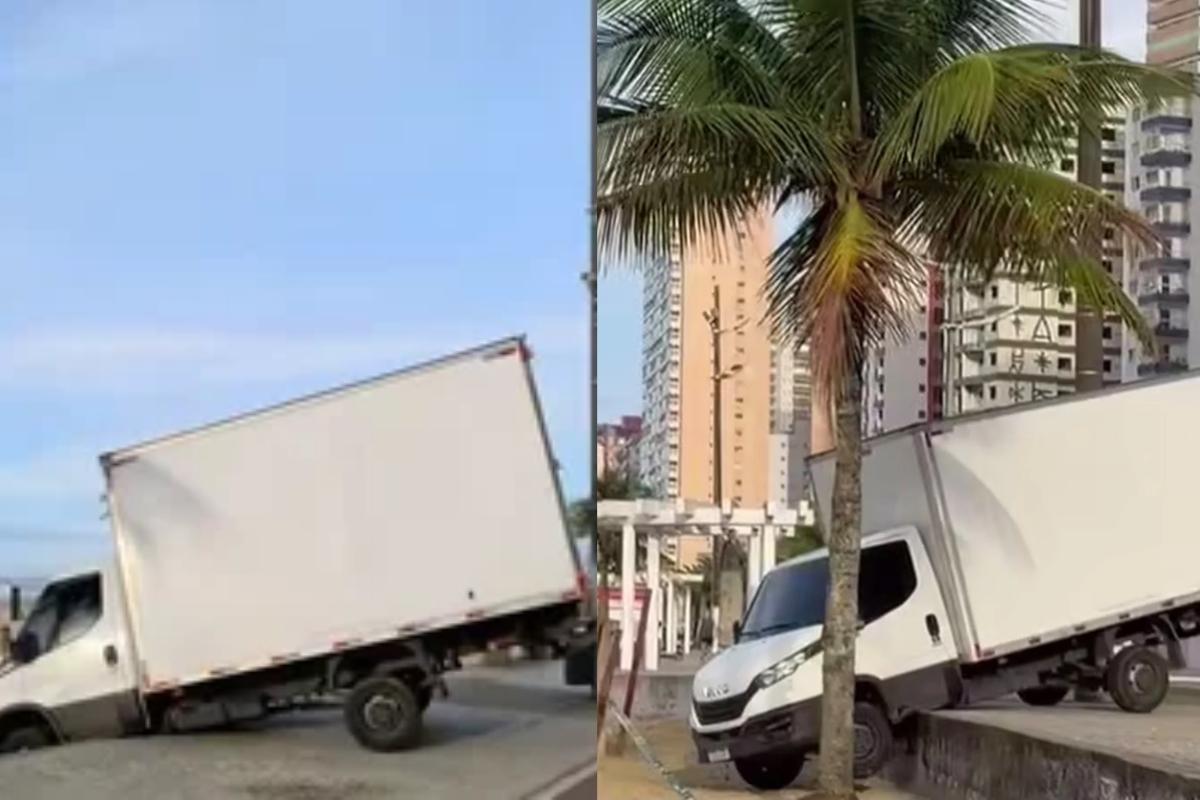 A retirada do caminhão em Praia Grande foi concluída com o auxílio de tratores