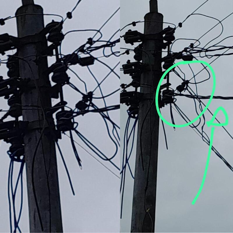 Fio do poste em Santos que fornece energia à casa de Priscilla estava solto e sem proteção, pois uma peça estava derretida