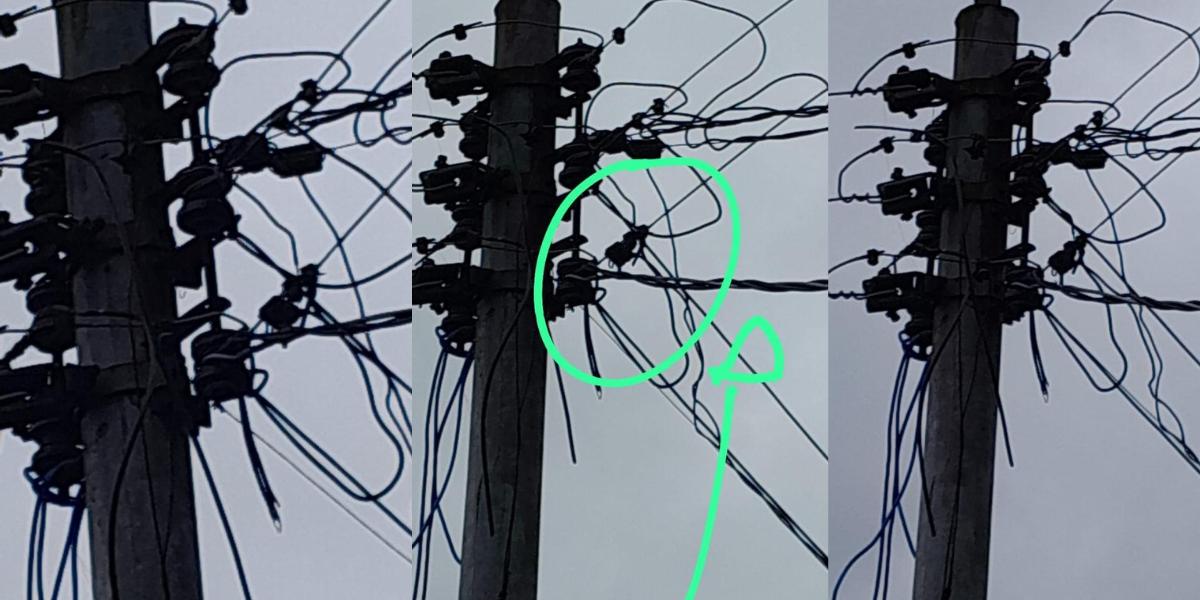 Fio do poste em Santos que fornece energia à casa de Priscilla estava solto e sem proteção, pois uma peça estava derretida