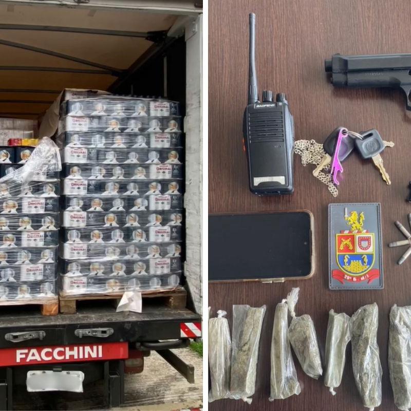 Um simulacro de arma de fogo e drogas também foram apreendidos com o suspeito