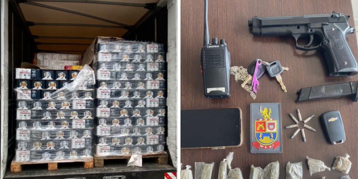 Um simulacro de arma de fogo e drogas também foram apreendidos com o suspeito