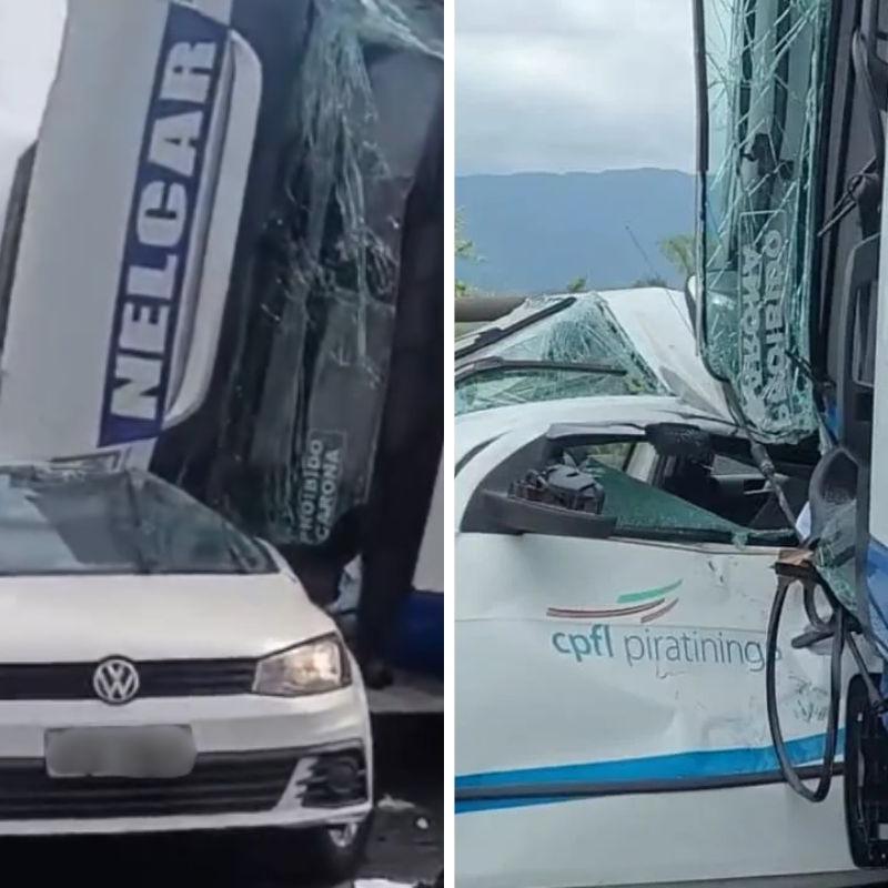 Caminhoneiro perdeu o controle da direção e o veículo tombou sobre um carro da CPFL Piratininga. Ninguém se feriu.