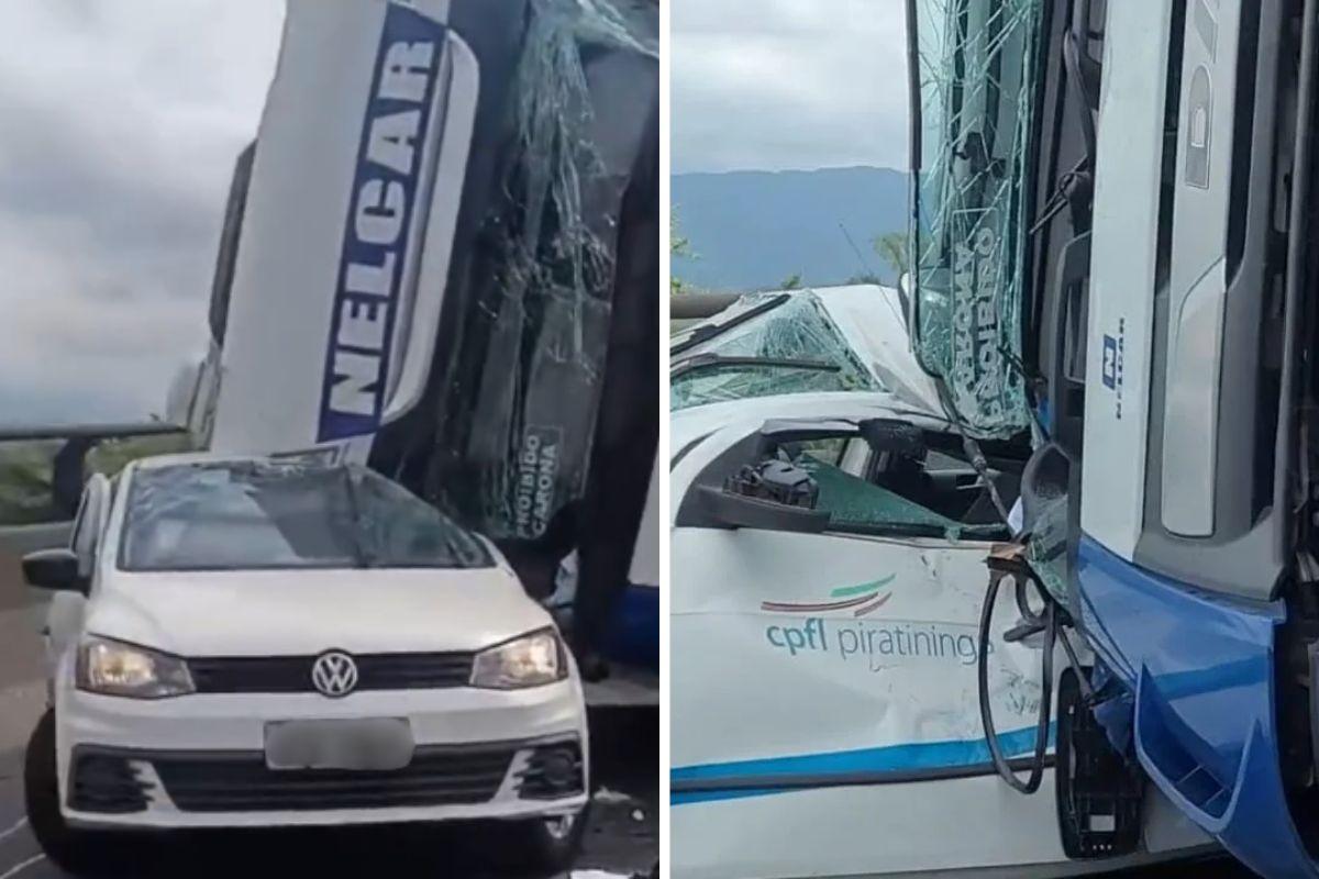 Caminhoneiro perdeu o controle da direção e o veículo tombou sobre um carro da CPFL Piratininga. Ninguém se feriu.