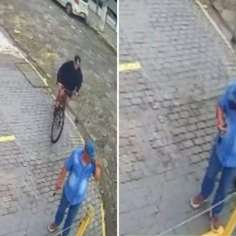 Câmeras de segurança registraram o momento em que um ciclista tentou furtar o celular de José Aparecido dos Santos, de 69 anos, em Praia Grande