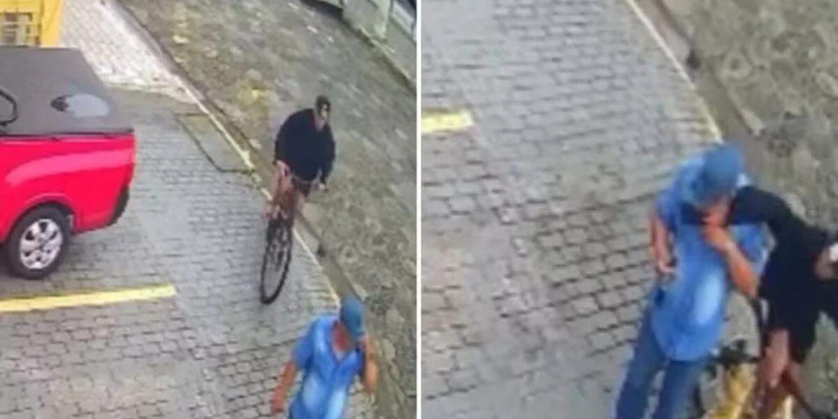 Câmeras de segurança registraram o momento em que um ciclista tentou furtar o celular de José Aparecido dos Santos, de 69 anos, em Praia Grande