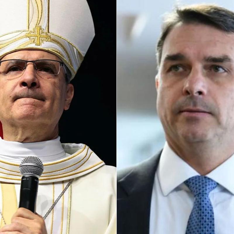 À esquerda, dom Joaquim Mol, bispo diocesano de Santos. À direita, Flávio Bolsonaro (PL), candidato à presidente