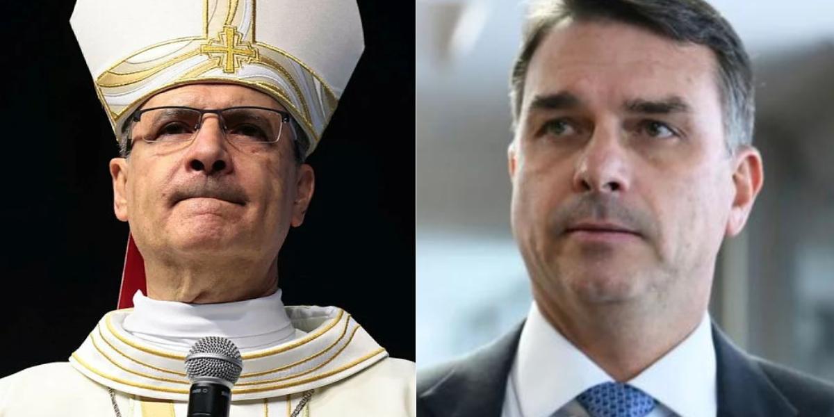 À esquerda, dom Joaquim Mol, bispo diocesano de Santos. À direita, Flávio Bolsonaro (PL), candidato à presidente