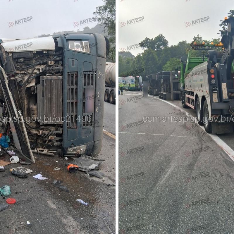 Carreta tombou na Rodovia Cônego Domênico Rangoni, em Santos, na manhã deste sábado (24), provocando oito quilômetros de congestionamento