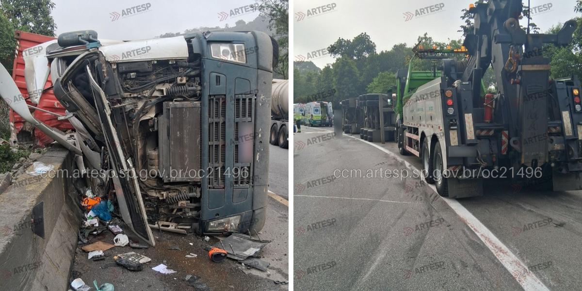 Carreta tombou na Rodovia Cônego Domênico Rangoni, em Santos, na manhã deste sábado (24), provocando oito quilômetros de congestionamento