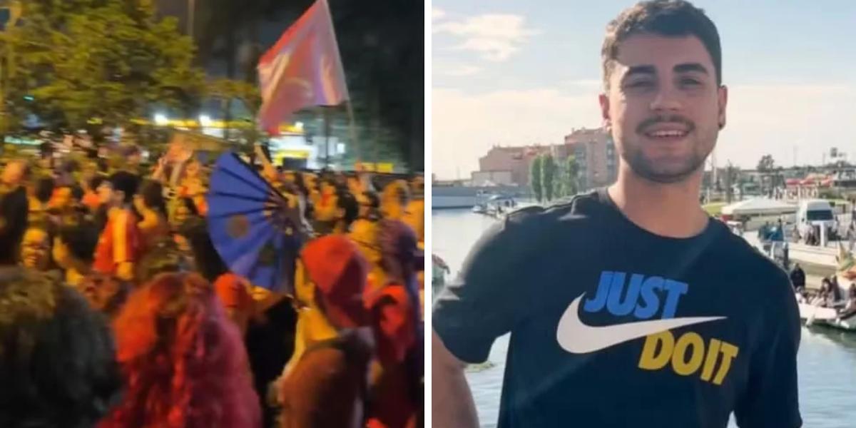 À esquerda, registro do ato político realizado na Avenida Conselheiro Nébias, em Santos, na madrugada de sábado (24). À direita, o engenheiro ambiental Marcelo de Oliveira Rocha, de 30 anos, que foi encontrado desacordado