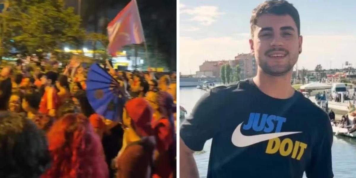 À esquerda, registro do ato político realizado na Avenida Conselheiro Nébias, em Santos, na madrugada de sábado (24); à direita, Marcelo de Oliveira Rocha