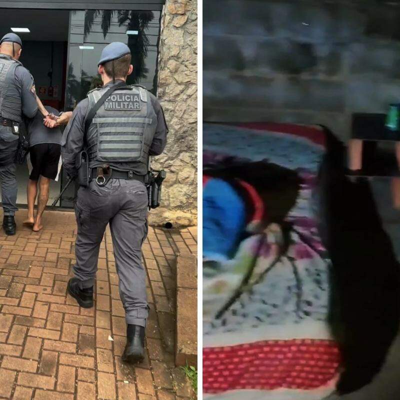 À esquerda, policiais militares conduzem homem associado ao sequestro de um motorista de aplicativo em Praia Grande; à direita, imagem mostra o interior do imóvel apontado como possível cativeiro utilizado pelo grupo criminoso, no bairro Melvi