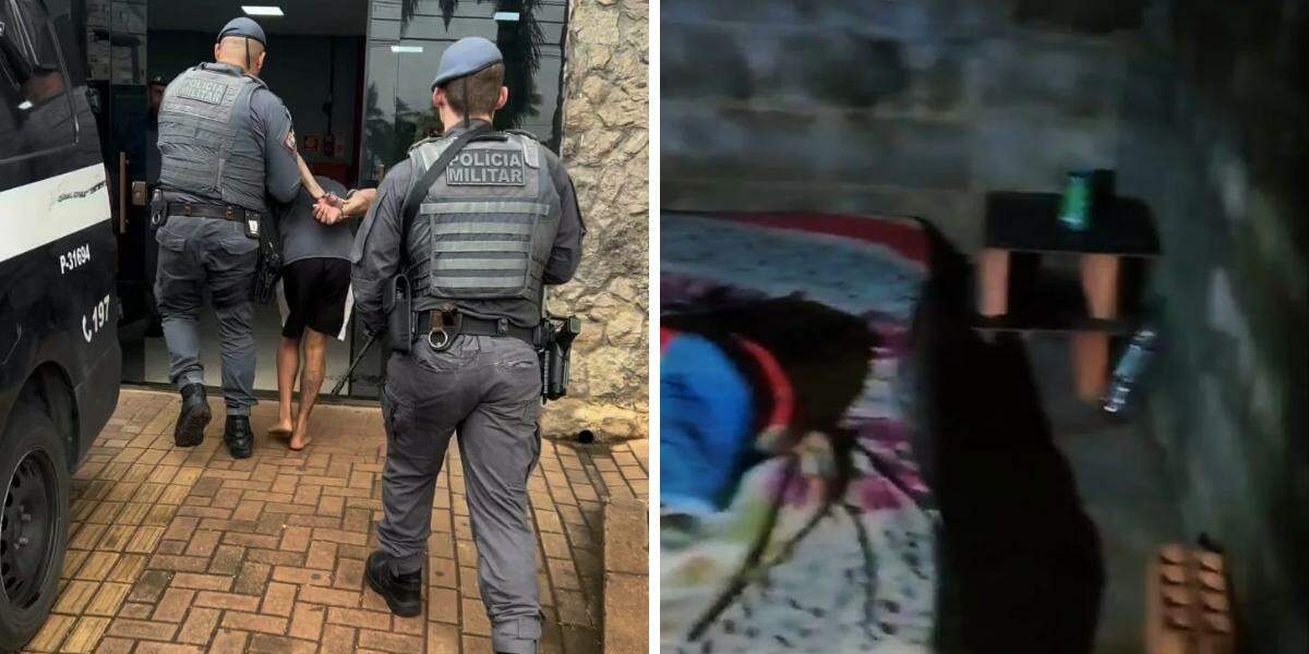 À esquerda, policiais militares conduzem homem associado ao sequestro de um motorista de aplicativo em Praia Grande; à direita, imagem mostra o interior do imóvel apontado como possível cativeiro utilizado pelo grupo criminoso, no bairro Melvi