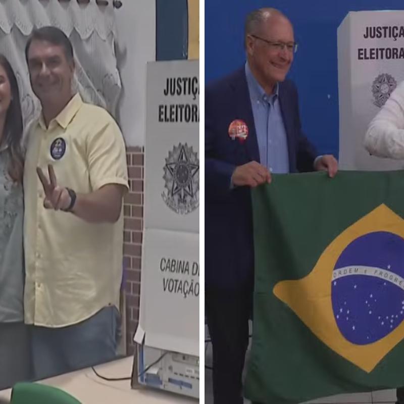 À esquerda, Flávio Bolsonaro posa ao lado de uma mulher após votar no Rio de Janeiro. À direita, o presidente Lula e o vice Geraldo Alckmin exibem a bandeira do Brasil em um local de votação em São Bernardo do Campo (SP), neste domingo (25)