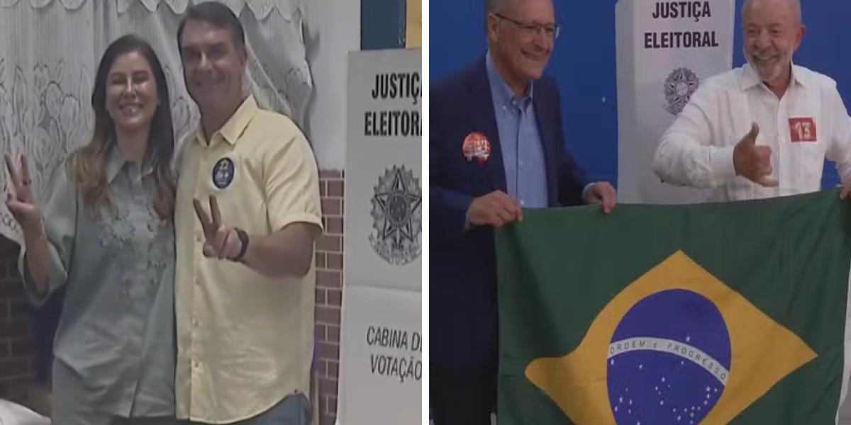 À esquerda, Flávio Bolsonaro posa ao lado de uma mulher após votar no Rio de Janeiro. À direita, o presidente Lula e o vice Geraldo Alckmin exibem a bandeira do Brasil em um local de votação em São Bernardo do Campo (SP), neste domingo (25)