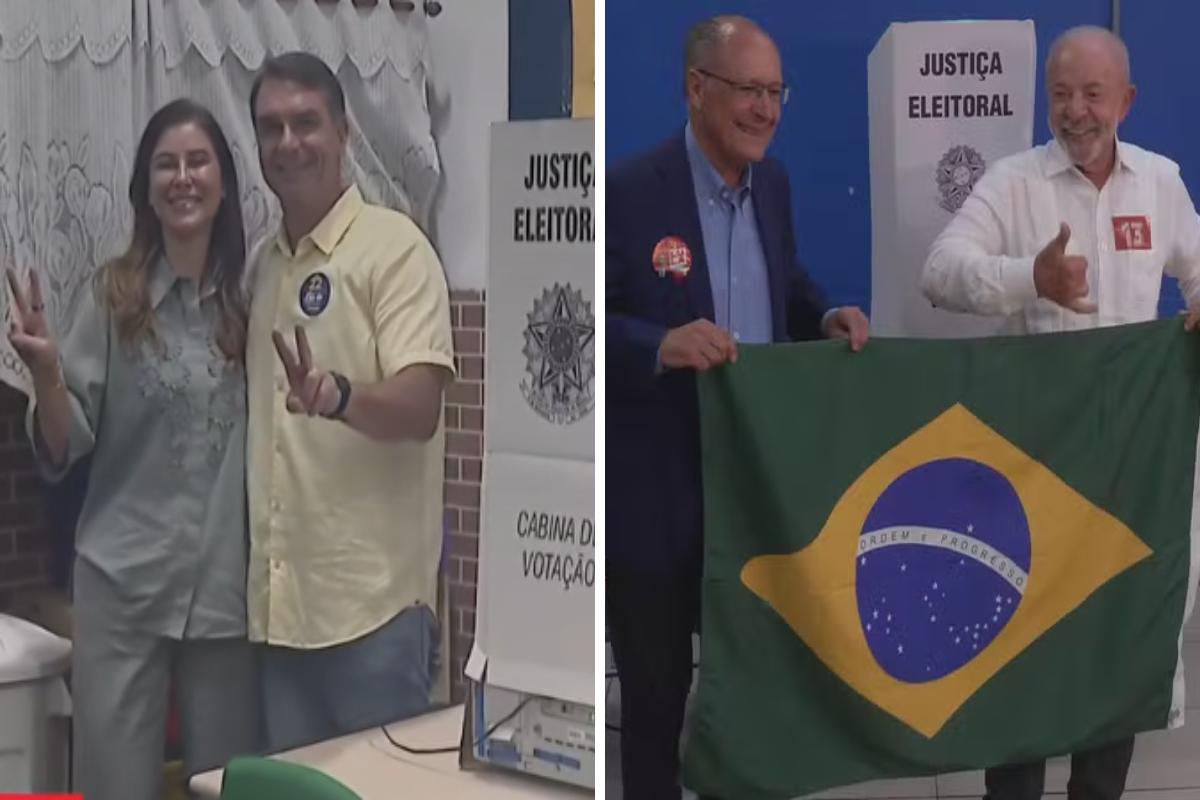 À esquerda, Flávio Bolsonaro posa ao lado de uma mulher após votar no Rio de Janeiro. À direita, o presidente Lula e o vice Geraldo Alckmin exibem a bandeira do Brasil em um local de votação em São Bernardo do Campo (SP), neste domingo (25)