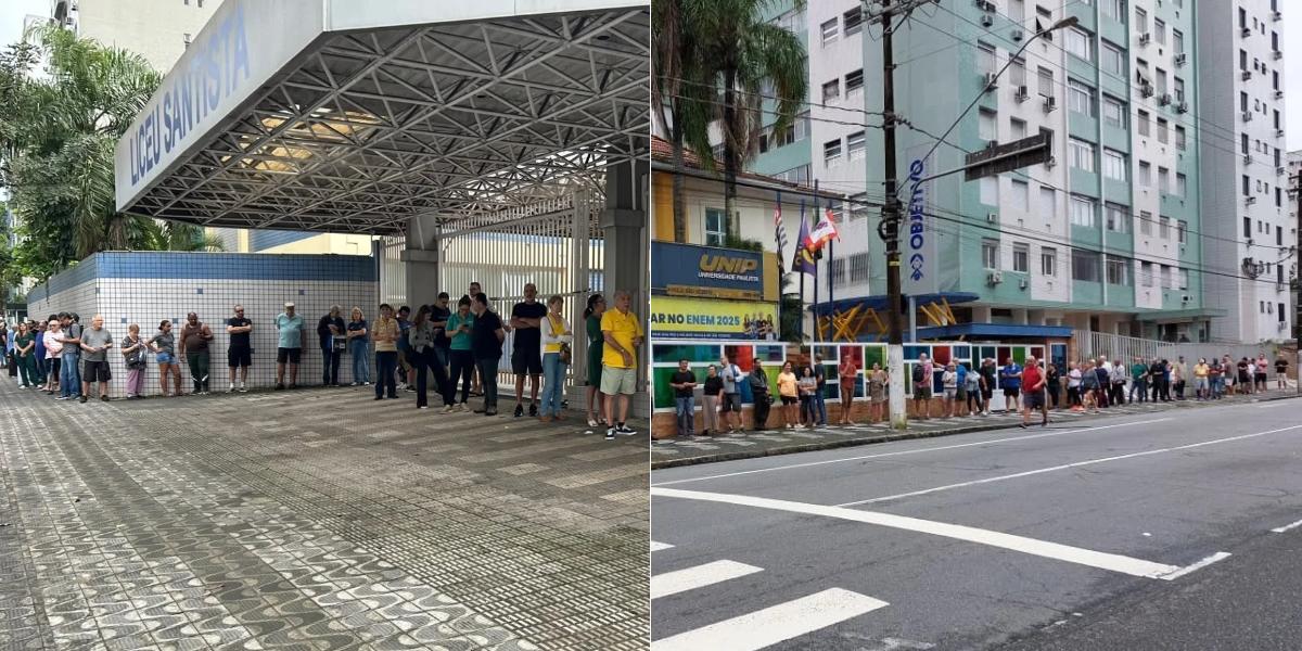 Colégios Liceu Santista (à esq.), em Santos, e Objetivo (à dir.), em São Vicente, tiveram filas na abertura da votação neste domingo (25)