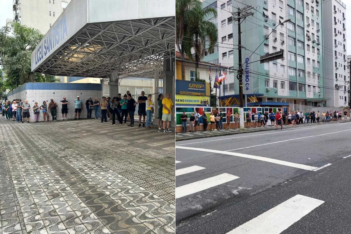 Colégios Liceu Santista (à esq.), em Santos, e Objetivo (à dir.), em São Vicente, tiveram filas na abertura da votação neste domingo (25)