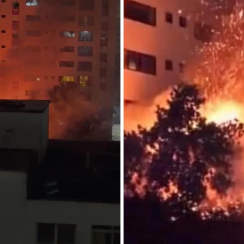 Imagens registram o incêndio que atingiu uma residência na Praça Nossa Senhora Aparecida, em Santos, durante a madrugada.
