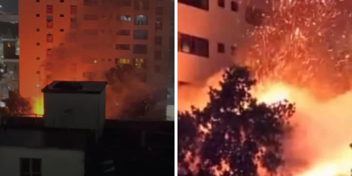 Imagens registram o incêndio que atingiu uma residência na Praça Nossa Senhora Aparecida, em Santos, durante a madrugada.