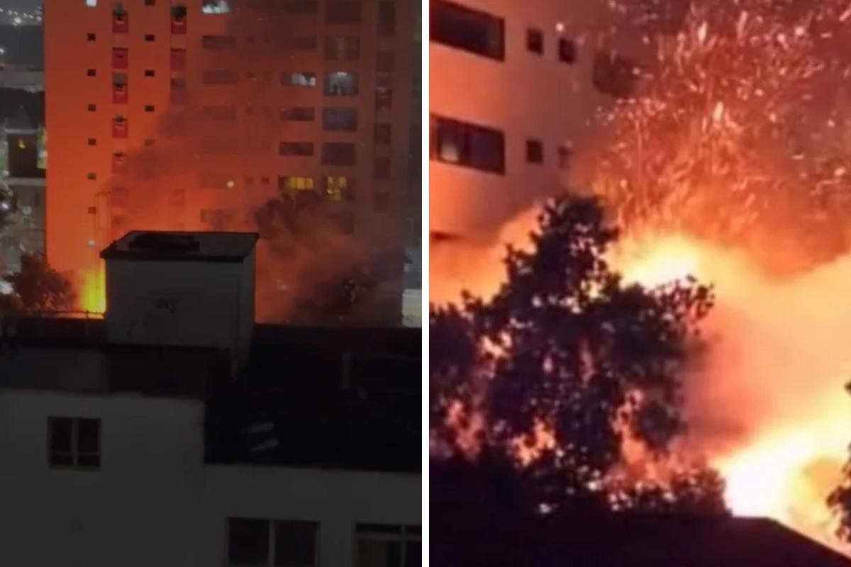 Imagens registram o incêndio que atingiu uma residência na Praça Nossa Senhora Aparecida, em Santos, durante a madrugada.