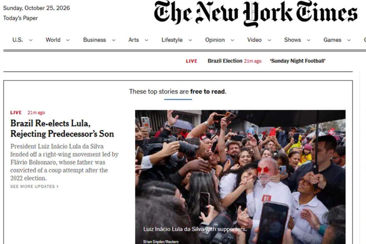 The New York Times destacou reeleição de Lula