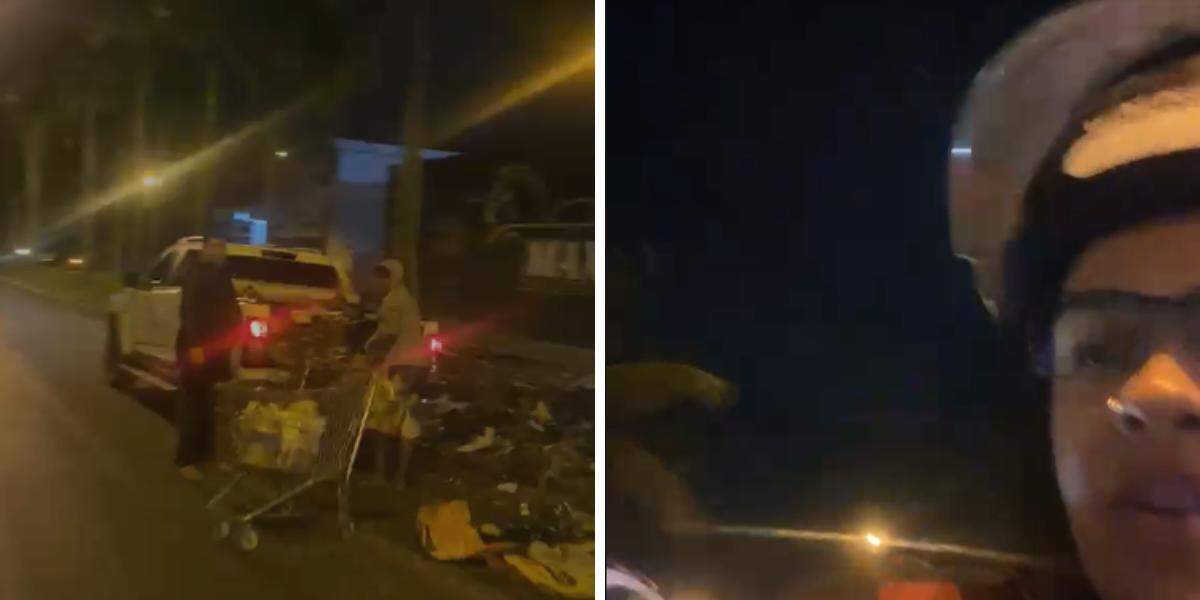 Imagens mostram o momento em que a entregadora Vitória, de 22 anos, flagra o descarte irregular de entulho no bairro Humaitá, em São Vicente