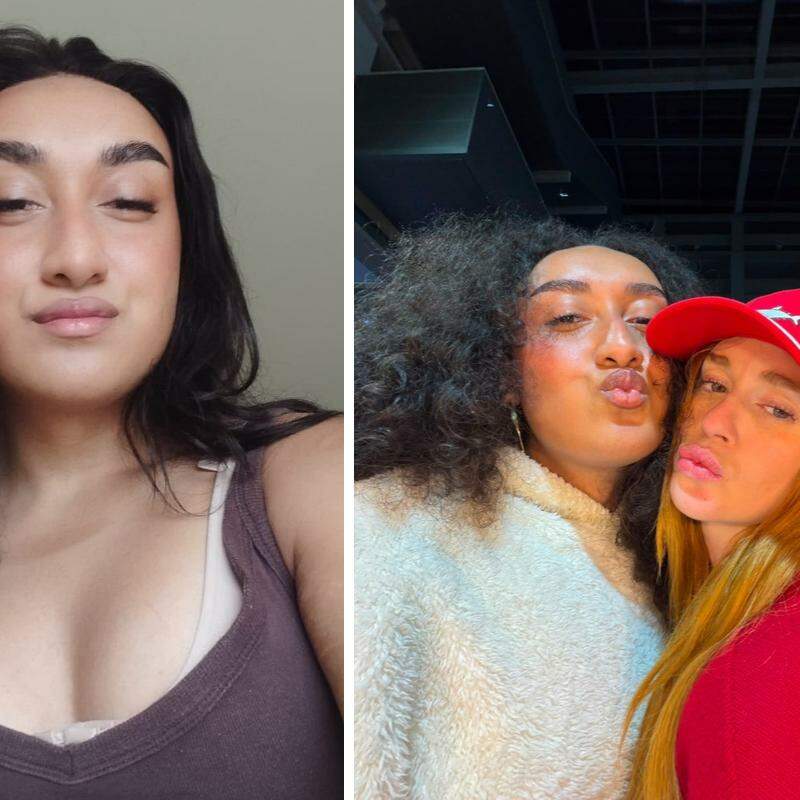 À esquerda, Raphaella Gomez após realizar o sonho da cirurgia de afirmação de gênero; à direita, a artista de Santos ao lado da atriz Marina Ruy Barbosa, que conheceu durante as gravações da segunda temporada da série Tremembé e ajudou a viabilizar o procedimento