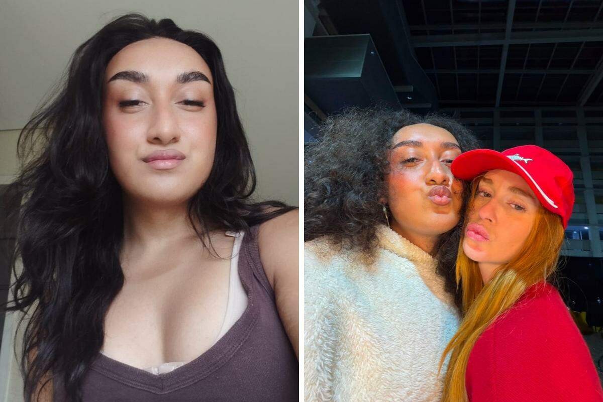 À esquerda, Raphaella Gomez após realizar o sonho da cirurgia de afirmação de gênero; à direita, a artista de Santos ao lado da atriz Marina Ruy Barbosa, que conheceu durante as gravações da segunda temporada da série Tremembé e ajudou a viabilizar o procedimento