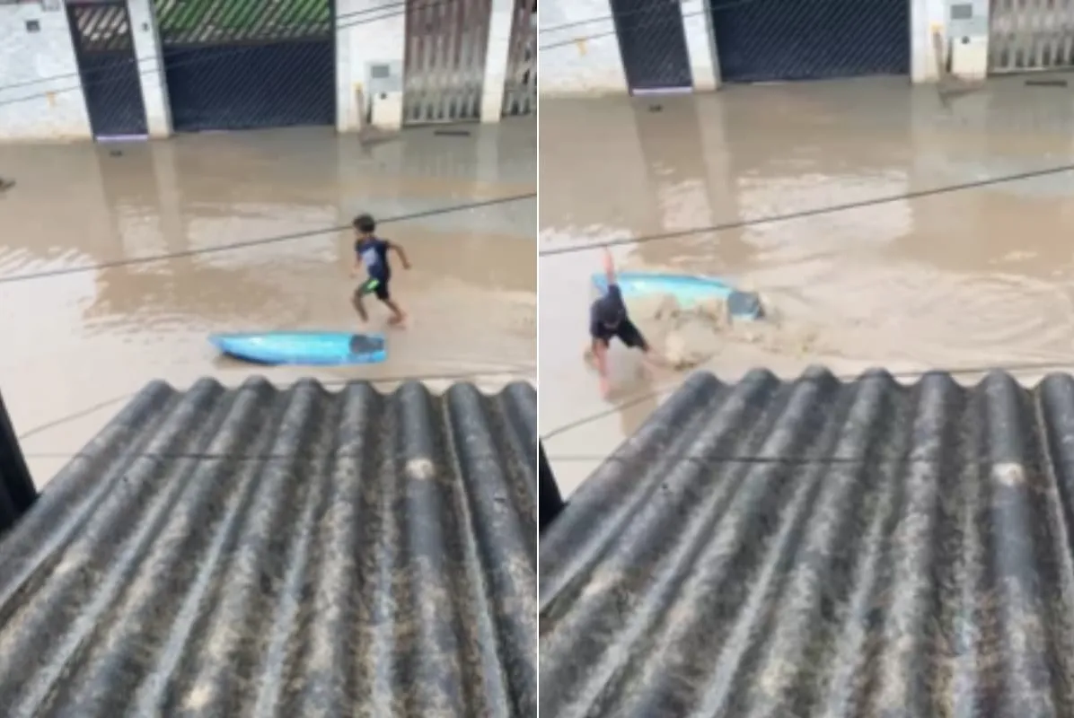 Criança cai ao tentar surfar em alagamento em Bertioga