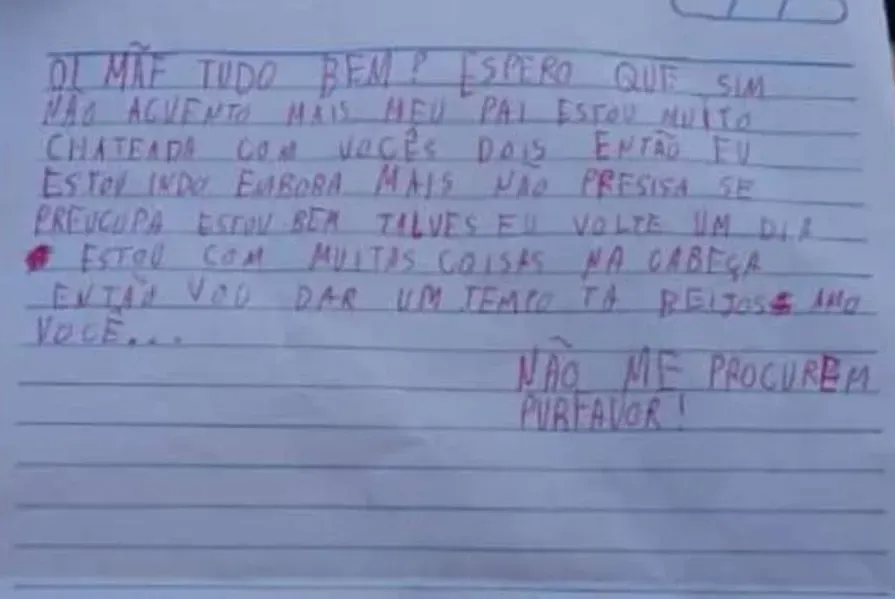Carta deixada por Yasmin não foi reconhecida pela mãe, que diz que a caligrafia da filha é outra