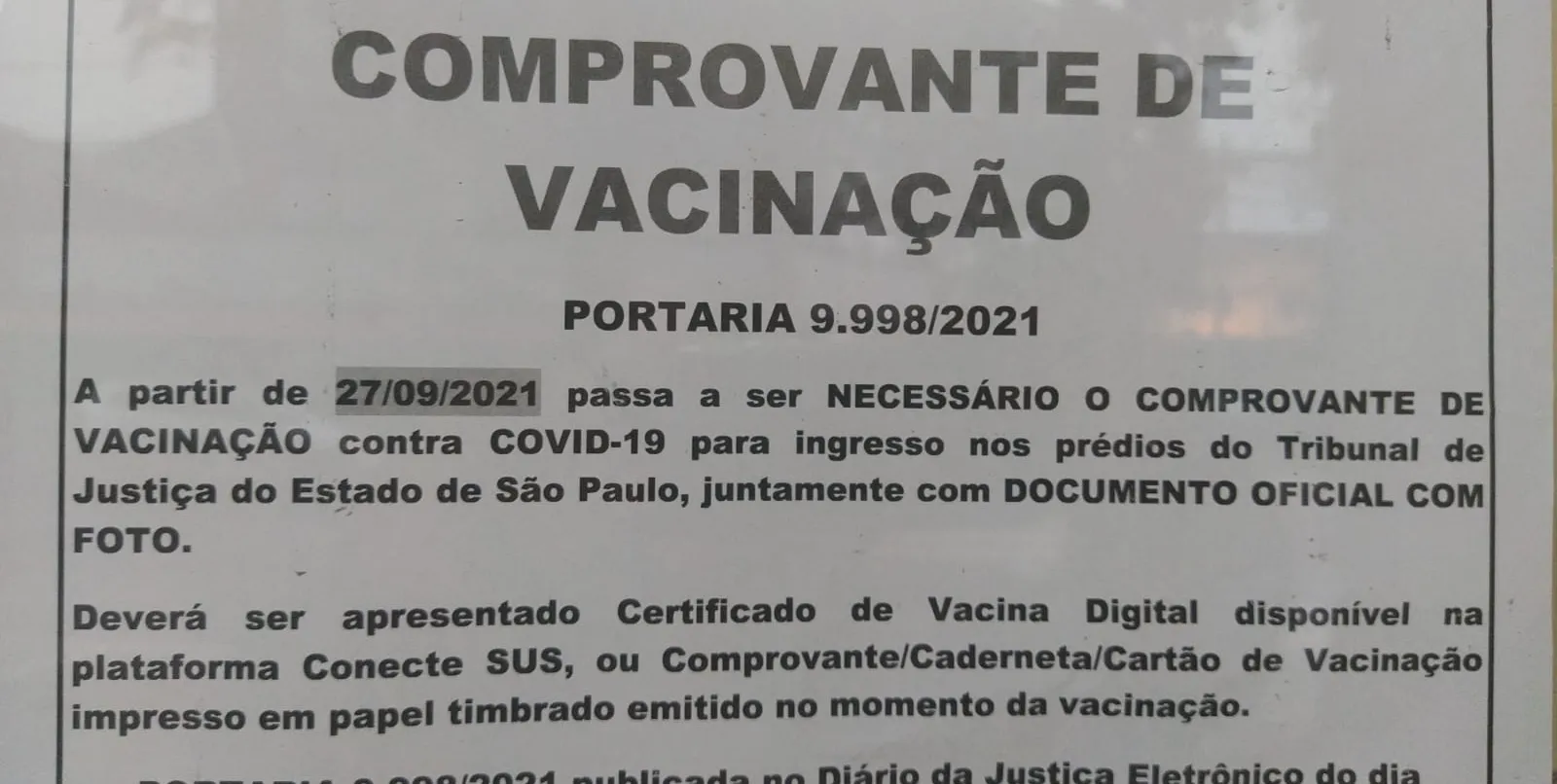  Fórum em Cubatão já tem aviso com a necessidade do comprovante de vacinação contra a covid-19 
